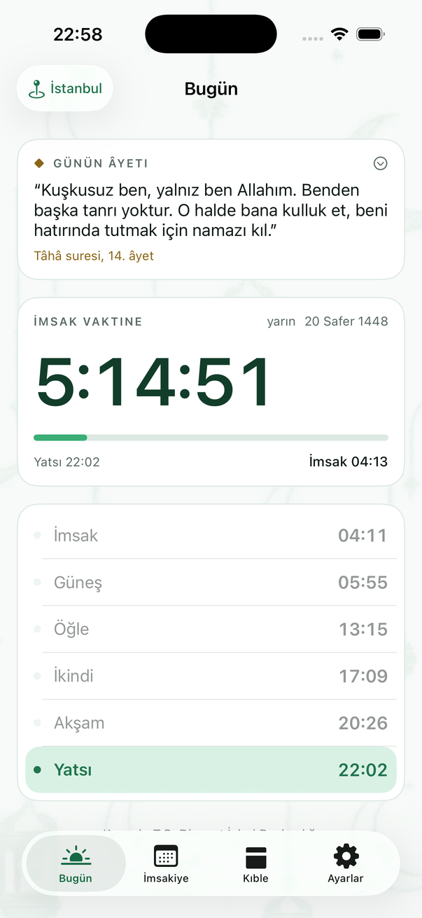 Yeşil Kubbe — Bugün ekranı